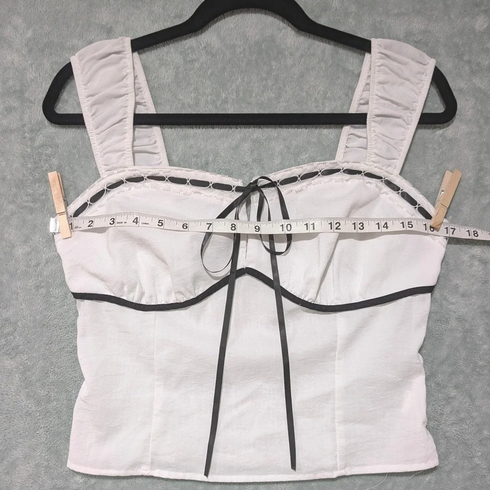 White Milkmaid Top Black Ribbon Trim Smocked Back Coquette Cottagecore Summer L